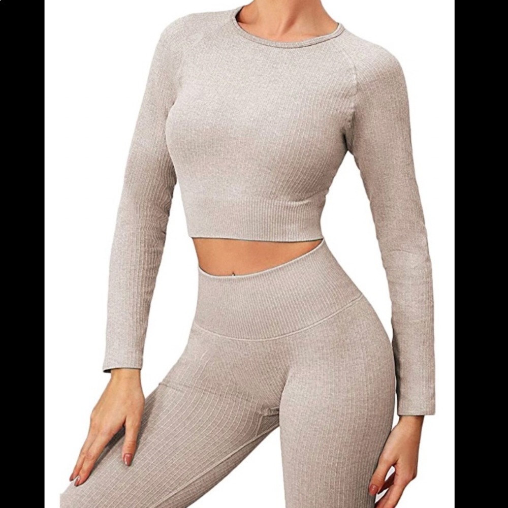 Beige Ribbed Workout Set, Leggings and Top
